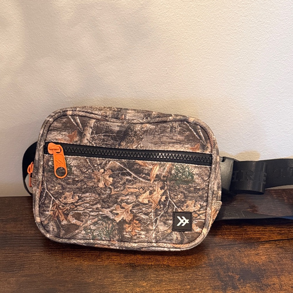 Camouflage Crossbody Bag with Orange Zipper